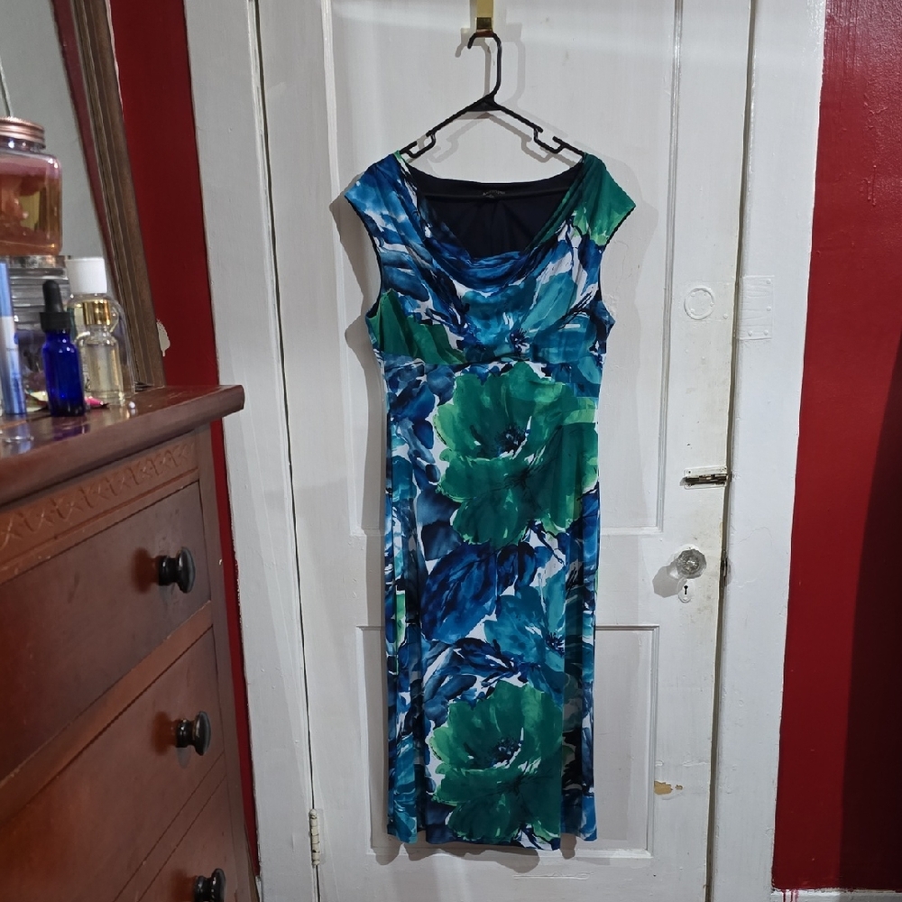 Connected Apparel Blue and Green Floral Midi Dress
